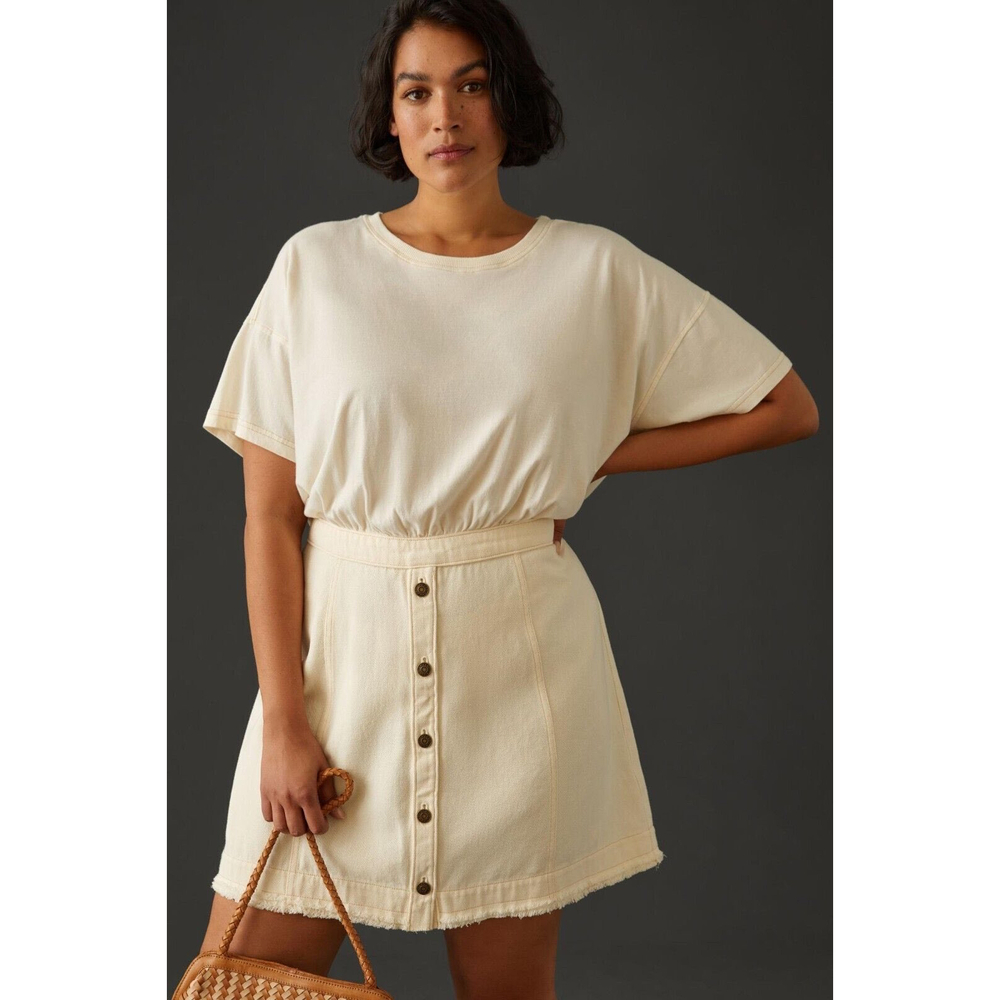Anthropologie Pilcro Mini Twofer Dress Button Front Frayed Hem‎ Cream Size 8